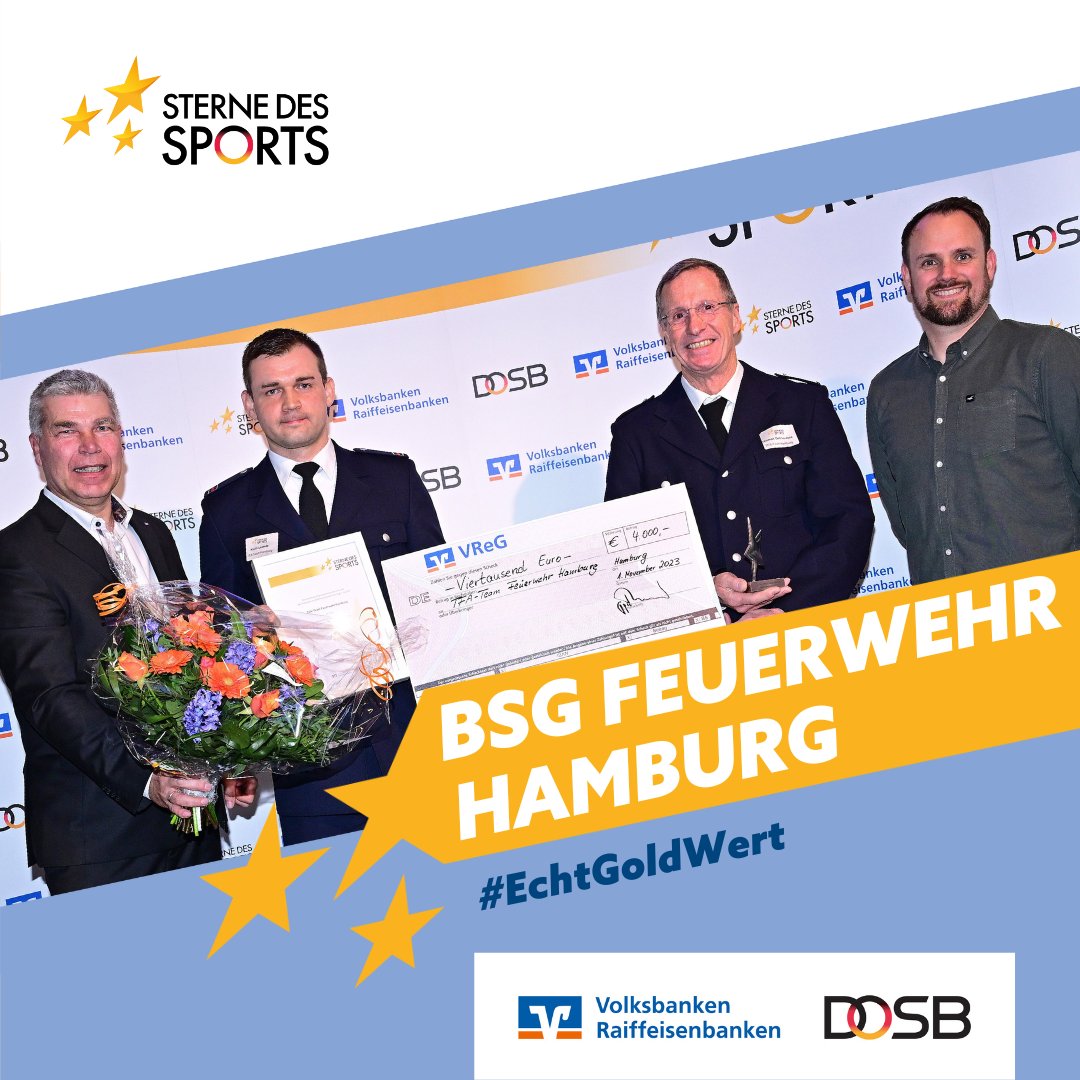 sportDland's tweet photo. ✨ Das #TFATeam von der BSG Feuerwehr #Hamburg greift nach dem Großen Stern des Sports in Gold. ⭐
🤩 Die TFA-Sparte der BSG setzt sich für die Personen ein, die anderen Menschen helfen.  👉 Die Bewerbung wird von der #VReG begleitet. @bvrpresse #EchtGoldWert #SterneDesSports https://t.co/qFm5PVIKQm