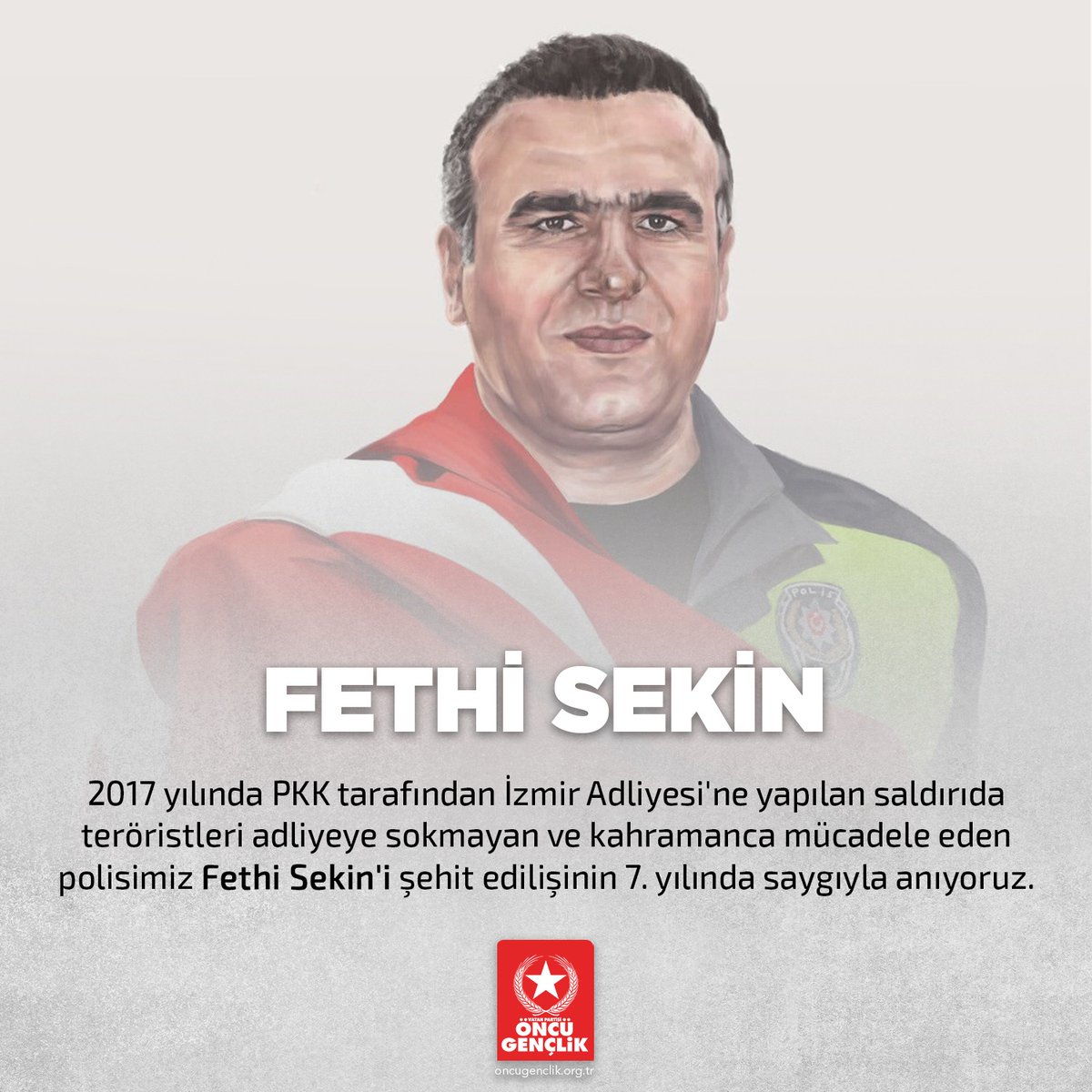 2017 yılında PKK tarafından İzmir Adliyesi'ne yapılan saldırıda teröristleri adliyeye sokmayan ve kahramanca mücadele eden polisimiz #FethiSekin'i şehit edilişinin 7. yılında saygıyla anıyoruz.