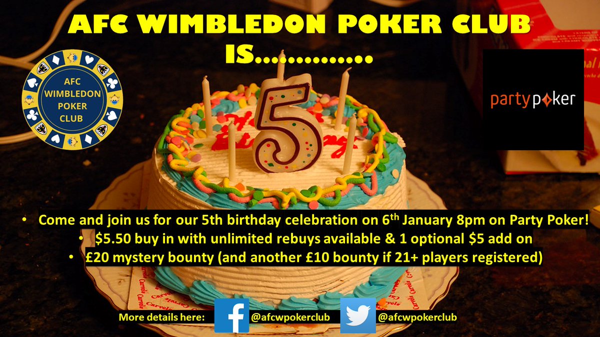 afcwpokerclub's tweet photo. @afcwpokerclub is 5!
For our 5th Birthday on Saturday we're celebrating with a #Competition !
To be in with a chance to win simply:
1) #RT
2) #Tag 2 friends you'd like to beat on Saturday's #bounty game!
*T&amp;Cs apply 18+ only. Comp closes 3pm 6/1/24
#afcw #afcwimbledon #poker https://t.co/JlMZs4GZUn