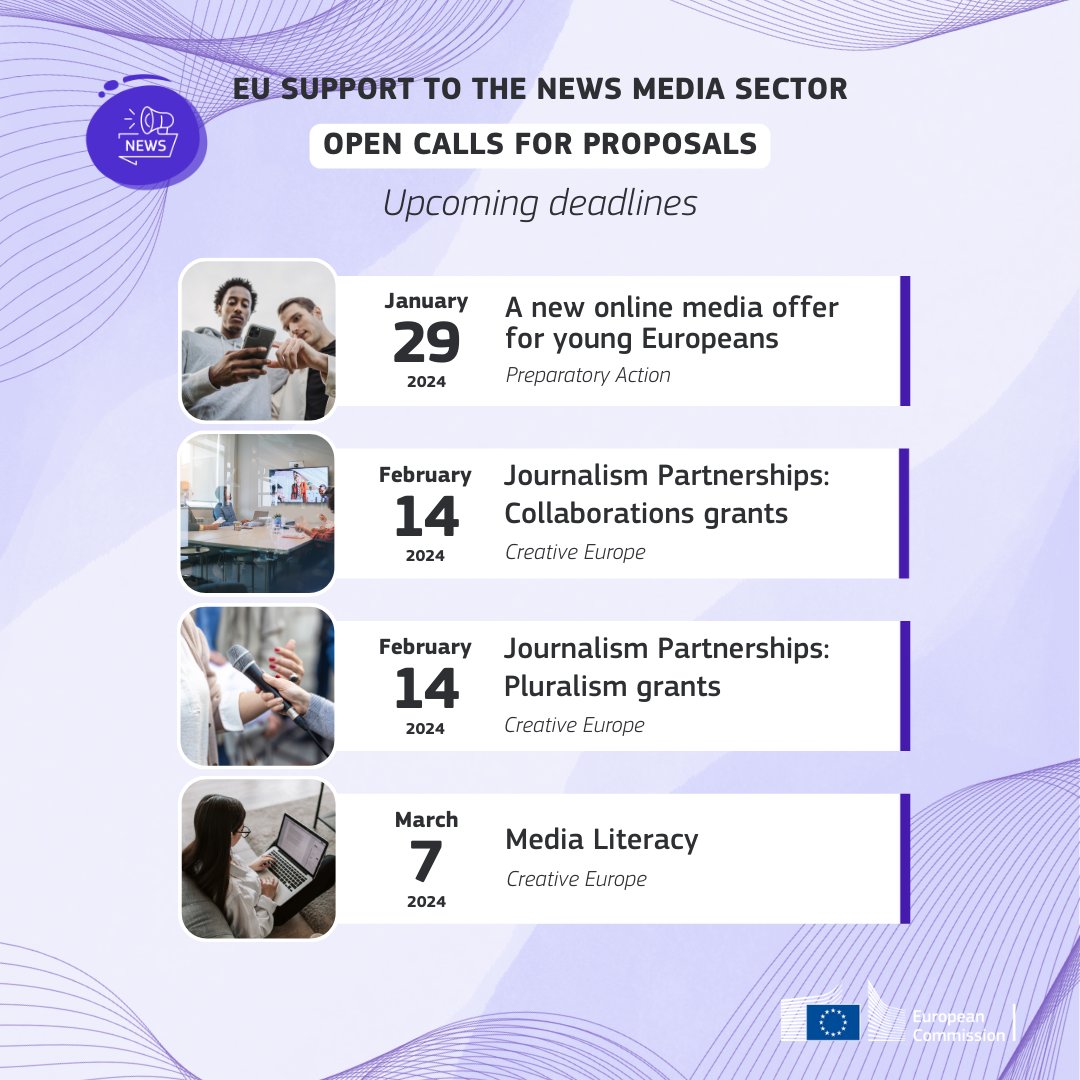 Are working in the news media sector and wondering what 🇪🇺 support is out there? Check the deadline memo below and find all the information here 👉 europa.eu/!4Cpm9V Stay tuned for more opportunities in 2024.