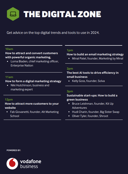 Head to The Digital Zone at #StartUpShow powered by @VodafoneUK featuring our own @lornabladen plus ++ @nikihutchinson @fabgiovanetti @Minal2804 @gregariousgecko @leishman_bruce @BigSisterSwap @helloshroot -> bit.ly/startupshow24