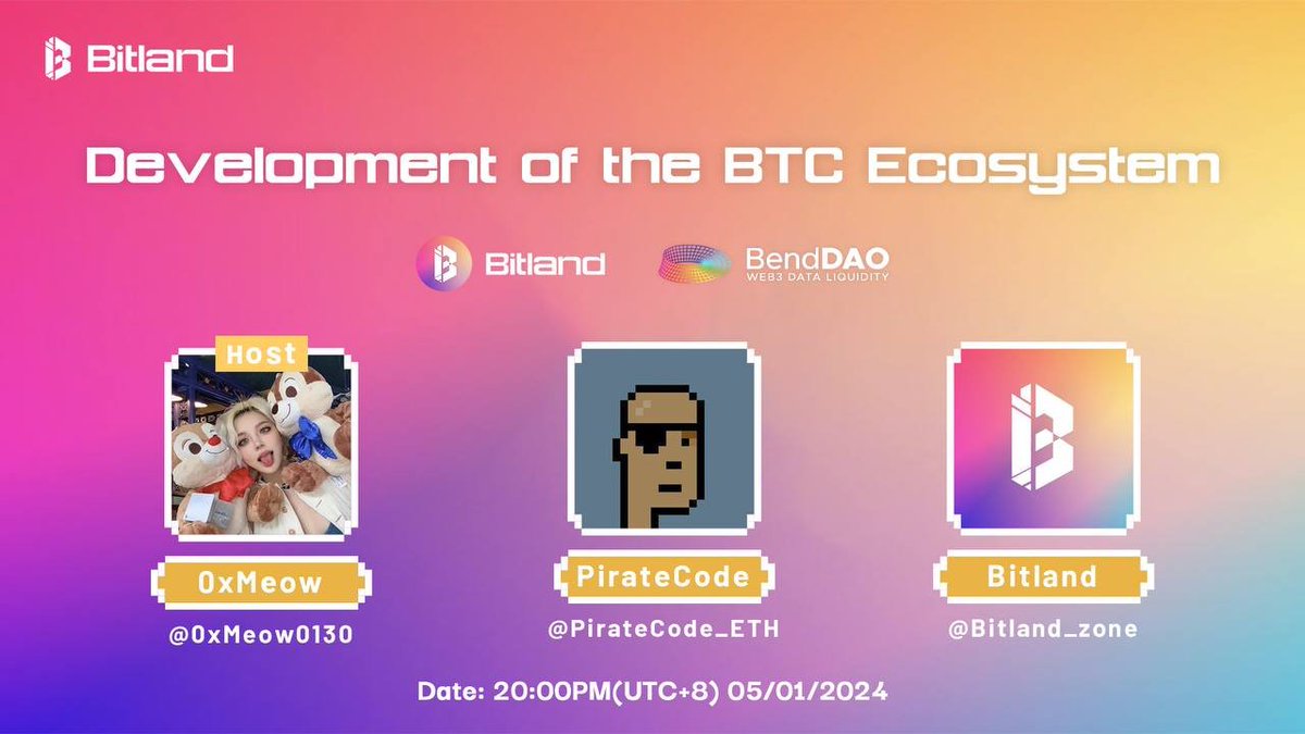 Bitland_zone's tweet photo. 🌐 Join the Conversation: Bitland &amp; BendDAO on BTC Ecosystem Growth
@BendDAO

📆 Date: January 5th, 2024
⌚ Time: 8 PM (UTC+8)

Speakers
@Bitland_zone
@piratecode_eth

Moderated by
@0xmeow0130

🔊 Tune in to our Twitter Space
https://t.co/z1SxBEm5ge https://t.co/WBnwfPnJXn