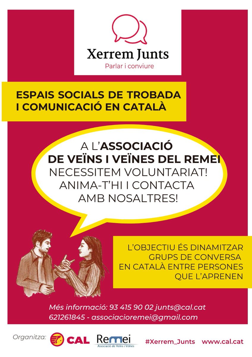 🔊 L'<a href="/avvremeivic/">AVVREMEIVIC</a> busca persones voluntàries per dinamitzar grups de conversa en català amb persones que l'estan aprenent

👉 Urgeix sobretot trobar una segona persona voluntària pel grup de dilluns al matí de 9:30 a 11.00h