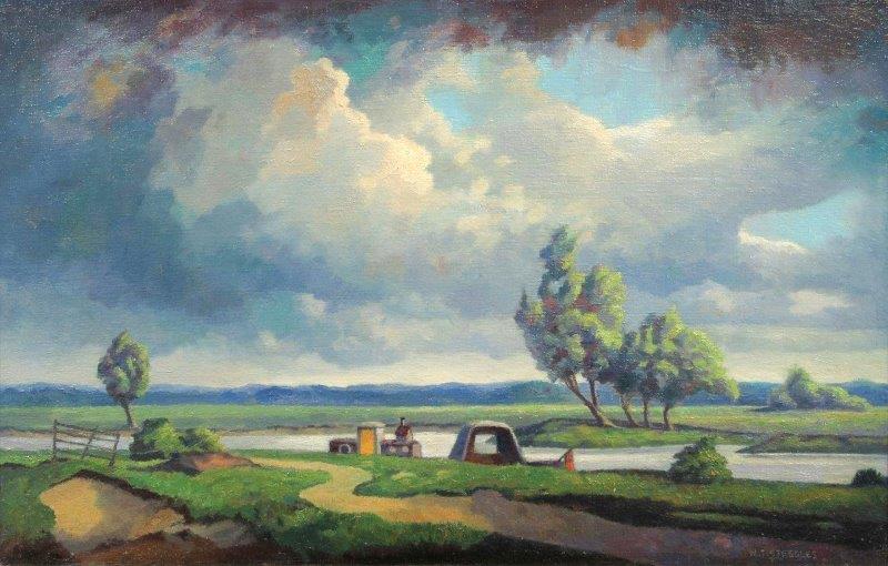 EastLndonGroup's tweet photo. I thought I'd start today with "Boats on the Yare at Whitlingham" by Walter Steggles from his post-war work but based on sketches from 1932/33. #WalterSteggles #Whitlingham #Norfolk #FridayMorning #EastLondonGroup https://t.co/SFG25LPNXE