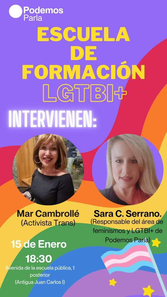 Podemos_Parla's tweet photo. 🏳️‍🌈🏳️‍⚧️ Siempre hemos tenido claro que las vidas trans importan. 

Por eso y porque el feminismo será inclusivo o no será nos vemos el lunes 15 con la activista @CambrolleMar, nuestra responsable del Área @Srta_OneLove y nuestra Concejala de Igualdad @CarlaEValero00 🙌🏼 https://t.co/zla2JdmPt4
