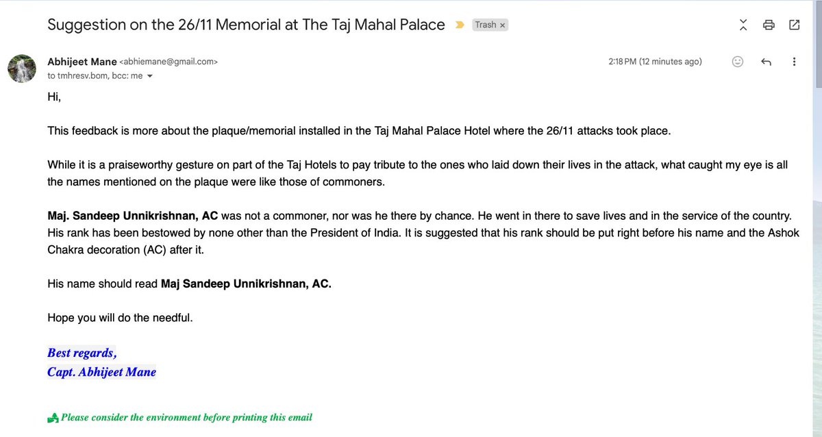 abhiemane's tweet photo. @TajHotels @RNTata2000 @ChhatwalPuneet Drawing your attention to this suggestion I mailed to the hotel but it bounced back as the mailbox was full apparently! https://t.co/waz0DYUUU7