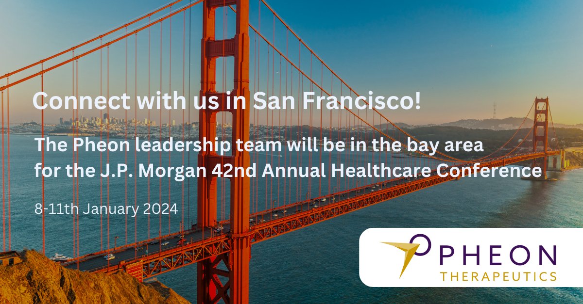Pheon Therapeutics (@pheontx) on Twitter photo @Pheon_tx is set to be in San Francisco next week, 8-11 January, for the 42nd Annual <a href="/jpmorgan/">J.P. Morgan</a> Healthcare Conference. Get in touch if you would like to meet with our CEO, Cyrus Mozayeni. #JPM2024 #PheonTherapeutics #Oncology #Innovation #ADCs @Pheon_tx is set to be in San Francisco next week, 8-11 January, for the 42nd Annual <a href="/jpmorgan/">J.P. Morgan</a> Healthcare Conference. Get in touch if you would like to meet with our CEO, Cyrus Mozayeni. #JPM2024 #PheonTherapeutics #Oncology #Innovation #ADCs