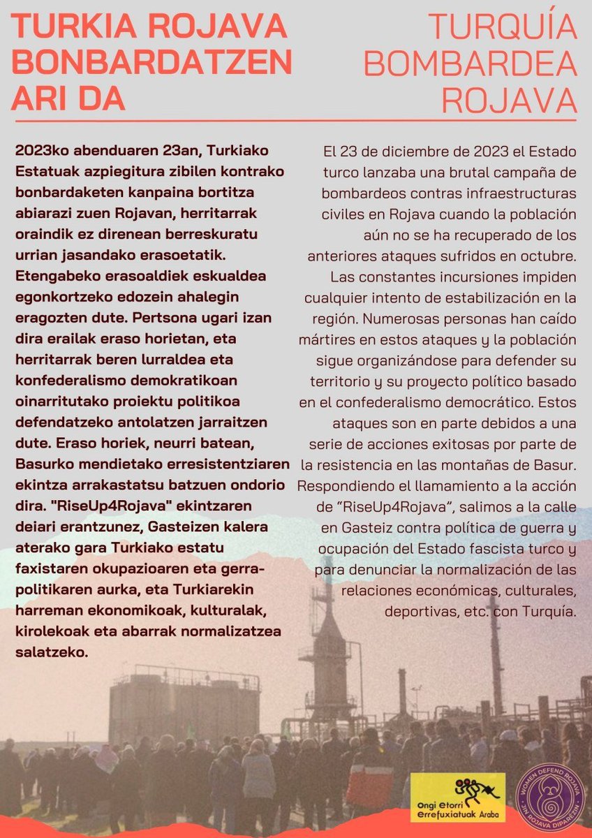 📢MOBILIZAZIOA

Datorren asteartean kalera irtengo gara Turkiaren azken erasoaldia baita gure herrian dituen laguntzaileak salatzeko eta duela 11 urte erailak izan ziren Sara, Ronahi eta Rojbin omentzeko 🌹

#NoFlyZone4RojavaNow
#DefendKurdistan
#FeminizidiorikEz
#TurkiaHiltzaile