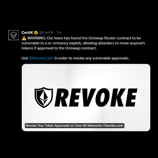 wallet_guard's tweet photo. 🚨 CERTIK X PAGE COMPROMISED

The official page for CertiK has been compromised & is posting fake masked Revoke Cash links to a wallet drainer.

DO NOT INTERACT - SHARE & STAY SAFE!