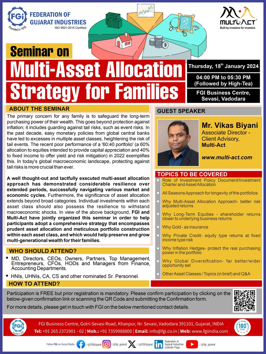 #UpcomingSeminarAlert Seminar on 'Multi-Asset Allocation Strategy for Families' is organized on Thursday, 18th January 2024, 04:00 PM to 05:30 PM, at FGI Business Centre, Vadodara. To register please fill this confirmation form link forms.gle/ZeaoZAPgLfQLmG…