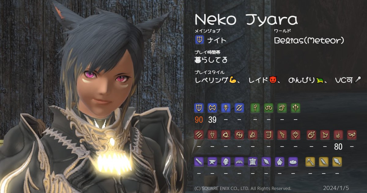 Neko_Yanagir's tweet photo. キャラクターカード作ったよ！
メイン：Neko Yanagir
サブ子：Neko Jyara(エウレカ用)
#FFXIV #FF14 #FF14キャラカ #キャラクターカード #DCMeteor #Belias #アウラ #ミコッテ https://t.co/VZy0LKsB0z