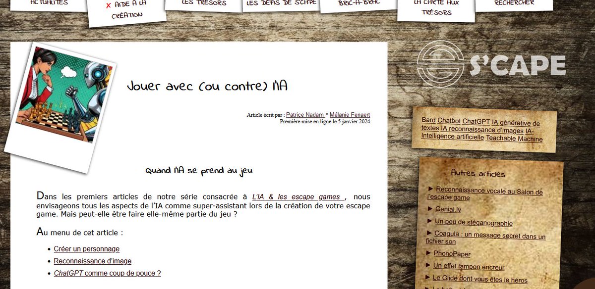 ScapEdu's tweet photo. Jouer avec (ou contre) l'#IA

⚔️Et si L'IA devenait notre partenaire ou notre adversaire pendant le jeu ?

Le 4e article de notre série consacrée à l'IA &amp; les #escapegame.s vient de sortir !

👉Sur S'CAPE : https://t.co/3HzB1i8apj https://t.co/59B73v7c4u
