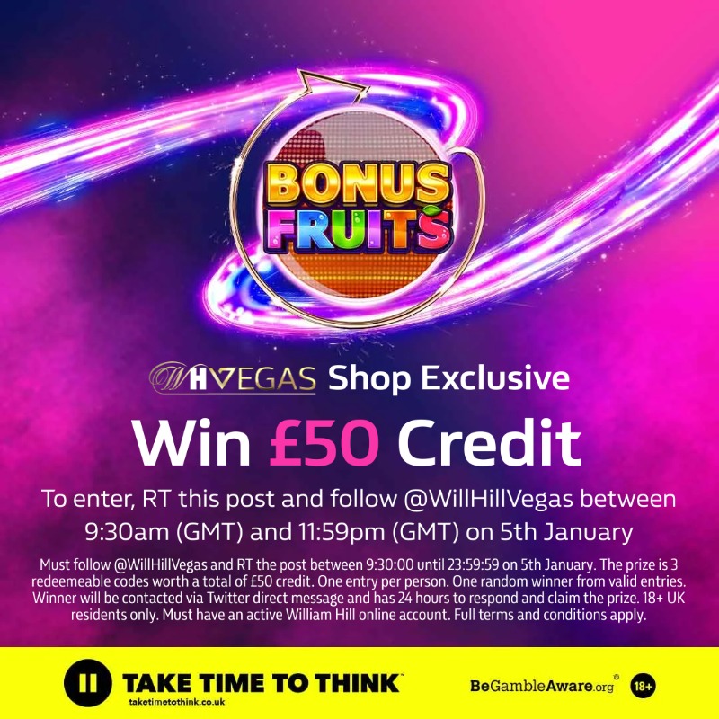 WillHillVegas's tweet photo. 🎉 Win £50 credit to spend in any William Hill shop 🎉

All you have to do is:

👍 Follow @WillHillVegas
🔁 Retweet this post  

The prize draw will run from 9:30am (GMT) until 11:59pm (GMT) on 5th January.

18+ | T&amp;Cs apply 👇