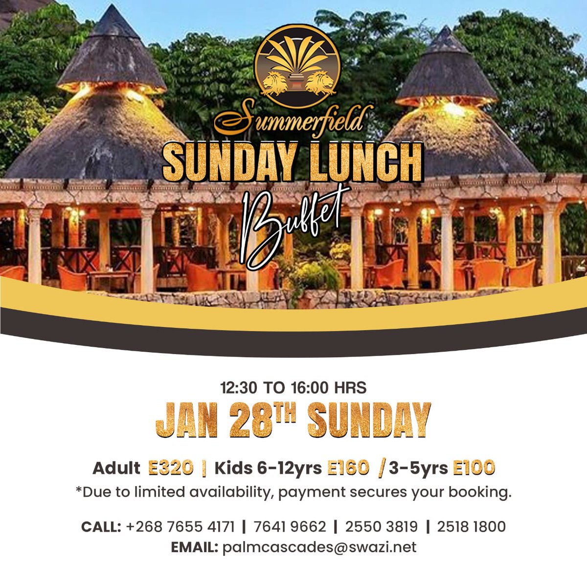 Treat your family to a delicious Sunday Buffet Lunch on the 28th of January 2024 at Summerfield Botanical Garden.
📞 +268 7655 4171 to reserve a table.
#SummerfieldEswatini
#SundayBuffet
#TiniTwitter