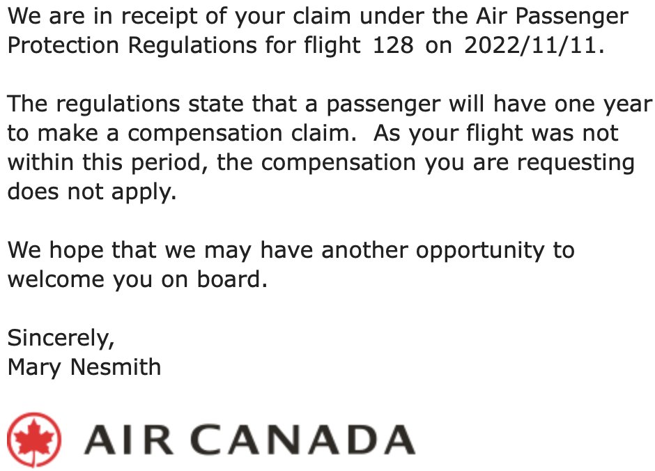 gene_ho's tweet photo. @AirCanada is doing their utmost not to #compensate for #flightdelay. Fixing mech issues for safety is not an extraordinary circumstance, it is your responsibility. They stalled, then said claim period is over b/c it's over 1 yr. Nice try! See the rules #EUpassengerRights #EU261 https://t.co/SJ5fl3yV73