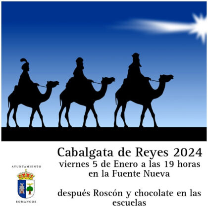 #Romancos. Cabalgata de Reyes Magos
Día 5 de enero a las 19,00 horas
en la Fuente Nueva. Romancos
Después roscón y chocolate en las escuelas
henaresaldia.com/evento/romanco… <a href="/RAlcarriaVerde/">RomancosAV</a> <a href="/El_Alcarria/">Romancos_El Alcarria</a>