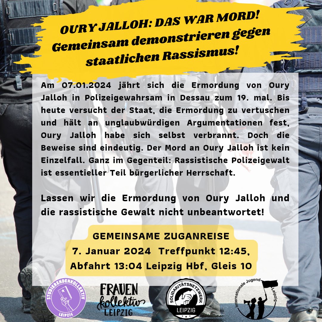 [IJ #Leipzig]
 Oury Jalloh das war Mord! Kommt mit uns nach #Dessau zur jährlichen #OuryJallohdaswarMord-#Demo!

#le0701 #de0701 #des0701 #dessau0701