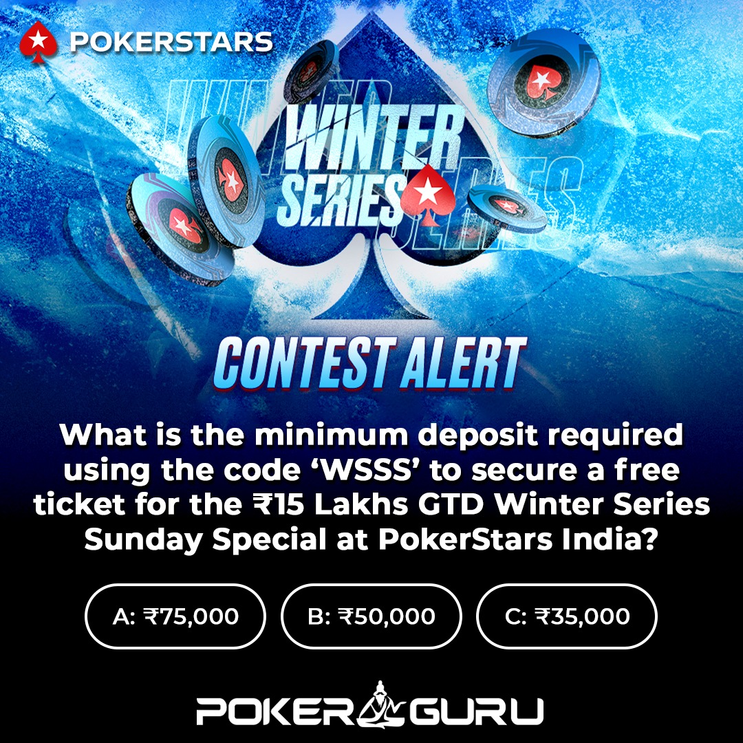 PkrGuru's tweet photo. #ContestAlert #Giveaway 😃

Brace yourselves for the ultimate poker chill! ❄️ @PokerStarsIN`s Winter Series 6.0 is making a frosty splash with a sizzling ₹2.50 Crores in guaranteed prizes from January 3 to 14. 🌪️

Get a leg up in this must-play series by joining this fantastic contest, where five lucky winners will snag a ticket 🎟️ worth ₹770 each for the Winter Series Uppercut Mega Satellite. 🤩

You know the rules:
1. Sign up on PokerStars India here 👉🏻 https://t.co/XJG0fLqPYe
2. Like/Follow 📲 #PokerGuru & @PokerStarsIN 
3. Comment with the correct answer, your PokerStars India account ID, and tag three poker friends. 👥👥👥
4. Subscribe to our WhatsApp Channel: https://t.co/f13VdE26gW

The contest is open across all our social media handles on #Facebook, #Instagram, and #Twitter. Entries across all platforms will be considered while awarding the prizes.

Winners will be announced on our WhatsApp channel on January 8 by 6 PM. 🕕

Good luck, everyone! 🤞🏻