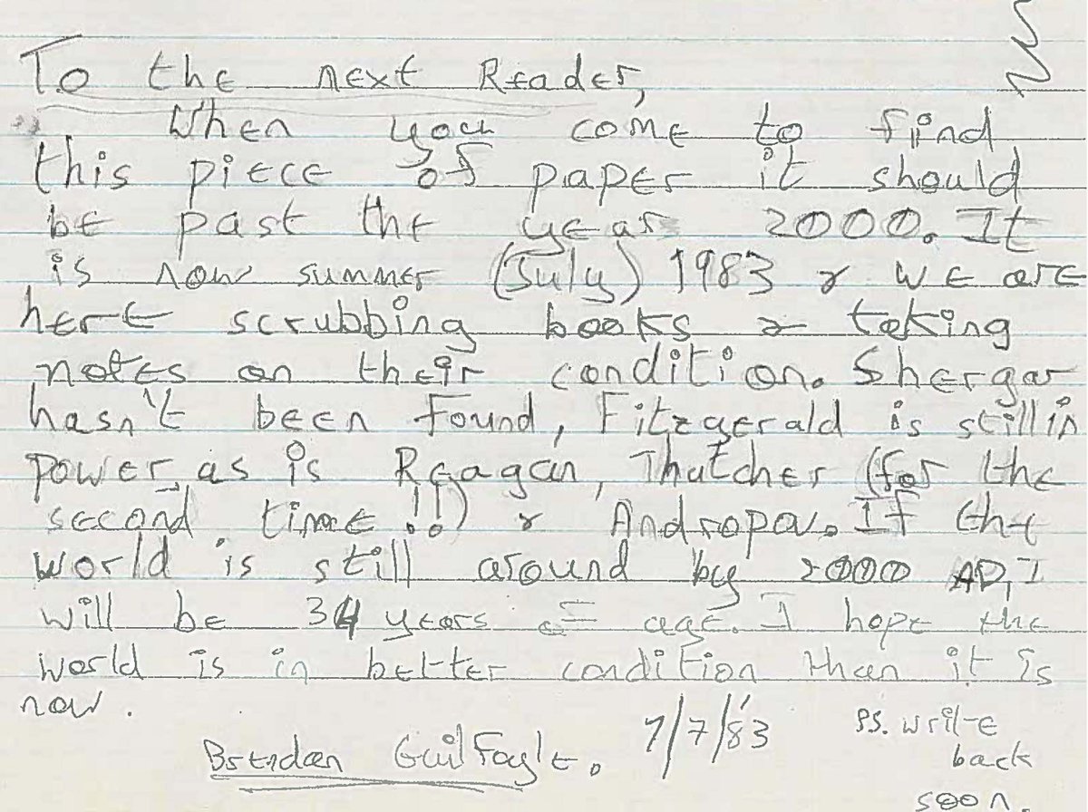 A very amusing find in the library recently! While checking stock, one of our Library Assistants found this note. We managed to track down Brendan, who is now a Professor of Mathematics at @MTU_ie. He has fond memories of cleaning books for £40 a week in the summer of 1983!