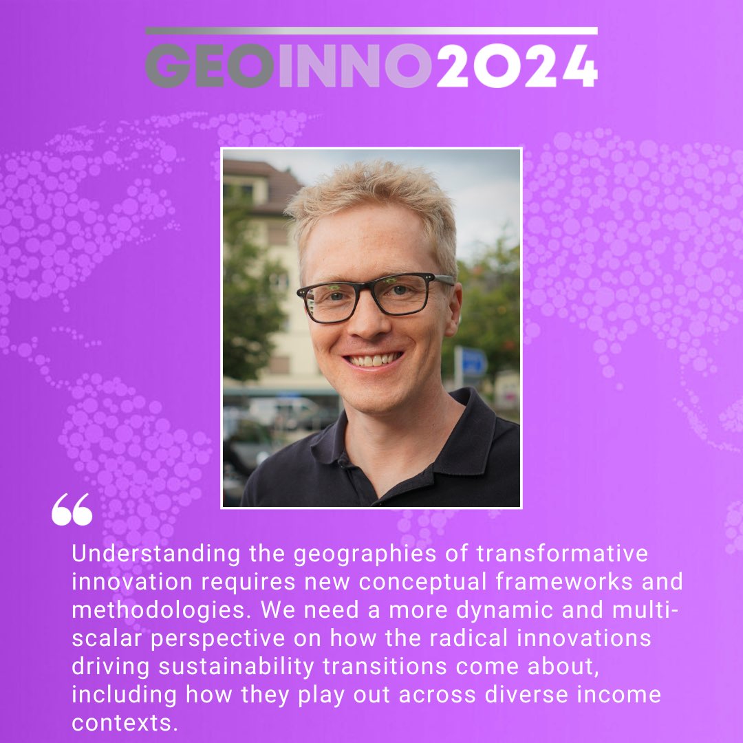Exciting times ahead at #GeoInno2024 with Christian Binz from @Cirus_Eawag! Uncover the need for new frameworks and a more dynamic, multi-scalar perspective on the geography of transformative innovation. Paving the way for sustainability transitions! 🌱🌍 #SpeakerSpotlight
