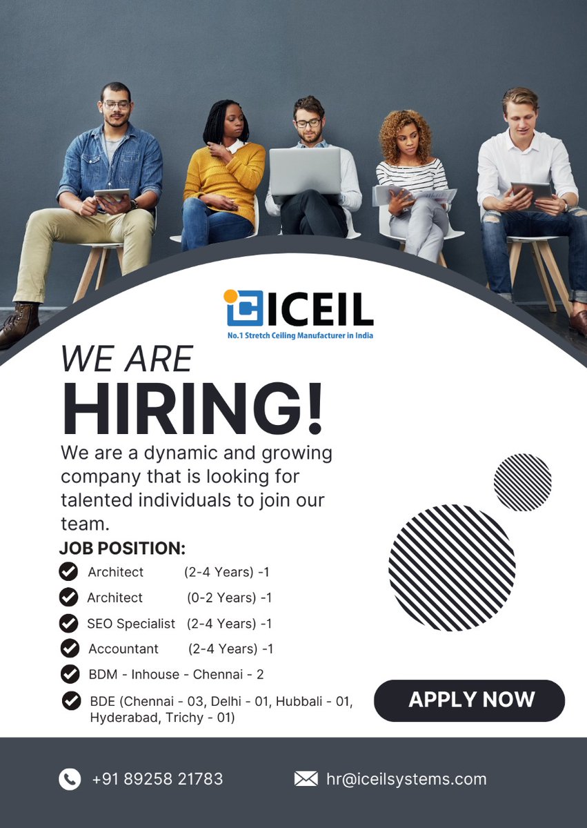 iceilsys's tweet image. We are Hiring !!!
Attractive Packages!!!
Interested candidates can send their resume to hr@iceilsystems.com
#hiringnow #chennaihiring #architecthiring #Saleshiring #bdejobs #accountantjobs #businessdevelopmentjobs