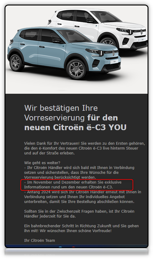 FPlawetzki's tweet photo. @CITROEN_DE 
Nach der Registrierung Anfang November beim Händler kam nix mehr. Welche Infos hätten denn kommen sollen?
#CitroënDeutschland #NeuerCitroënëC3 https://t.co/EdUgqEEBCi