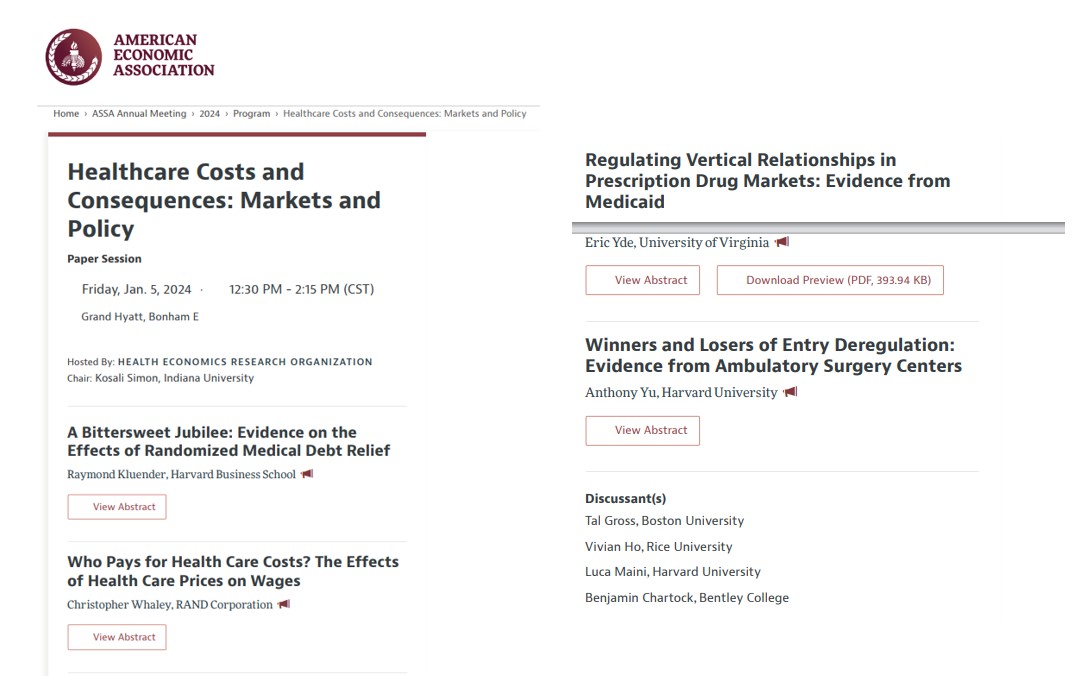 Come check out this 12:30 health economics session at #ASSA2024 if you are here (or follow the link for abstracts). New research on medical debt, healthcare costs and wages, Medicaid prescription drug markets, and ambulatory surgical centers. aeaweb.org/conference/202…