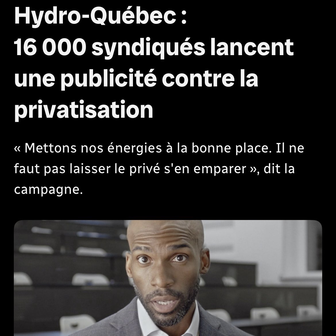 Sept syndicats d'employés d'Hydro-Québec lancent une publicité pour partager leurs craintes d'une privatisation de la société d'État. Ils s'inquiètent d'une hausse des tarifs, d'une perte de contrôle et d'une perte d'expertise avec les projets à venir. ici.radio-canada.ca/nouvelle/20390…