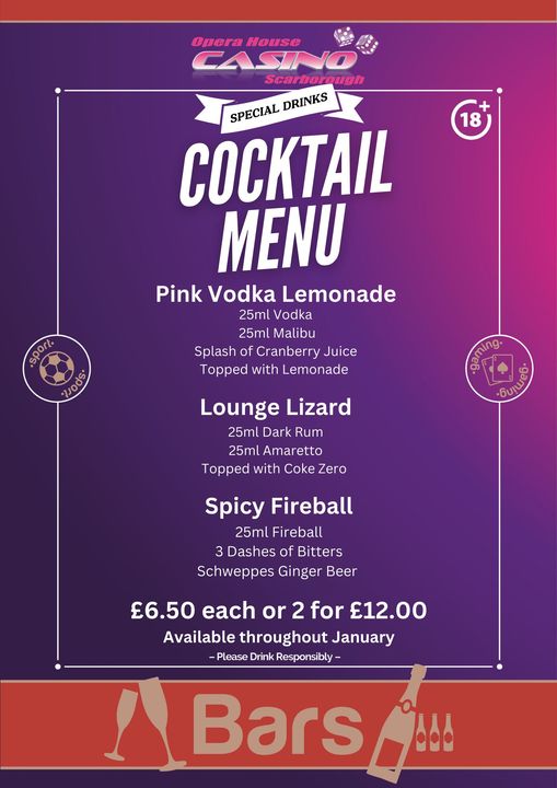 New Year, New Cocktails Alert! Dive into our January menu and explore the vibrant flavours waiting to dazzle your taste buds. 
18+ Please drink responsibly 

#cocktails #amaretto #vodka #scarborough #casino #newcocktails