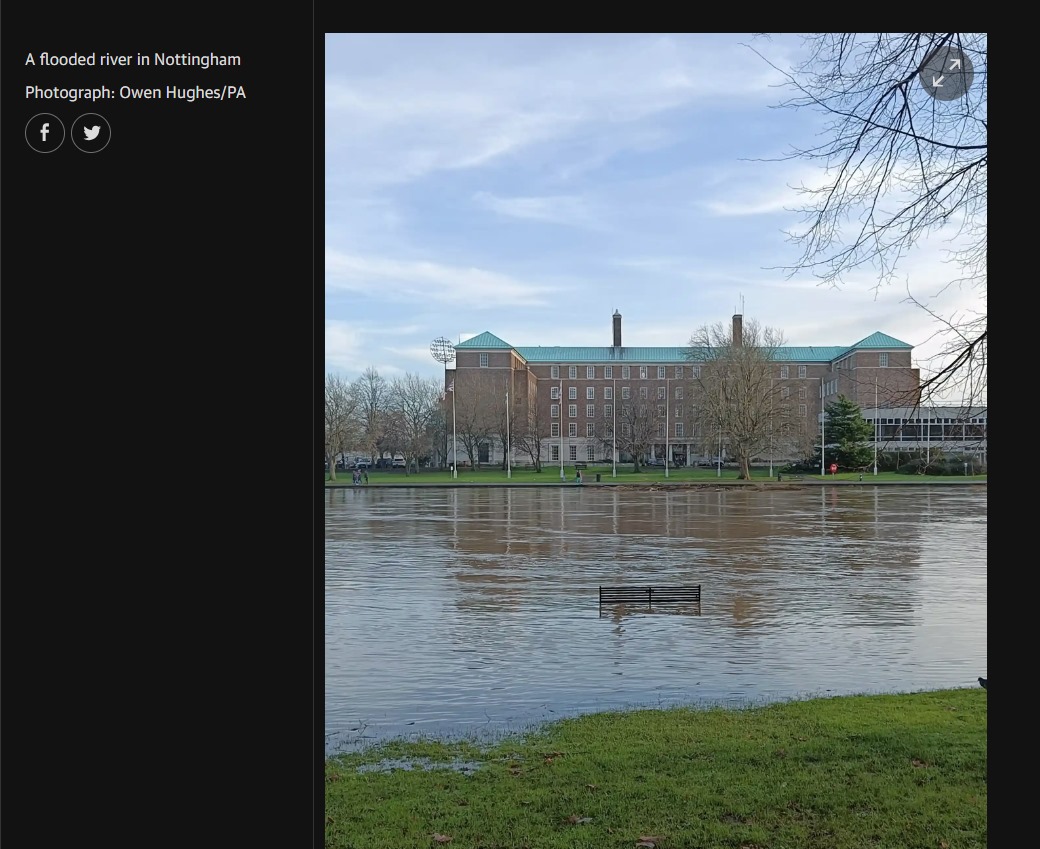 Caption writer <a href="/guardian/">The Guardian</a> really phoning it in here... 

What could possibly be the name of 'a flooded river in Nottingham'? 

I mean, it's subtle but the 'floodlights' for <a href="/TrentBridge/">Nottinghamshire CCC</a> are one clue, also the photo features the distinctive County Hall