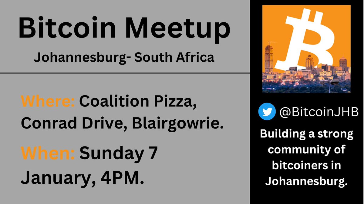 #bitcoin meet-up in Johannesburg this Sunday. 

2x tickets to <a href="/AdoptingBTCcpt/">AdoptingBitcoinCPT</a> up for grabs.
