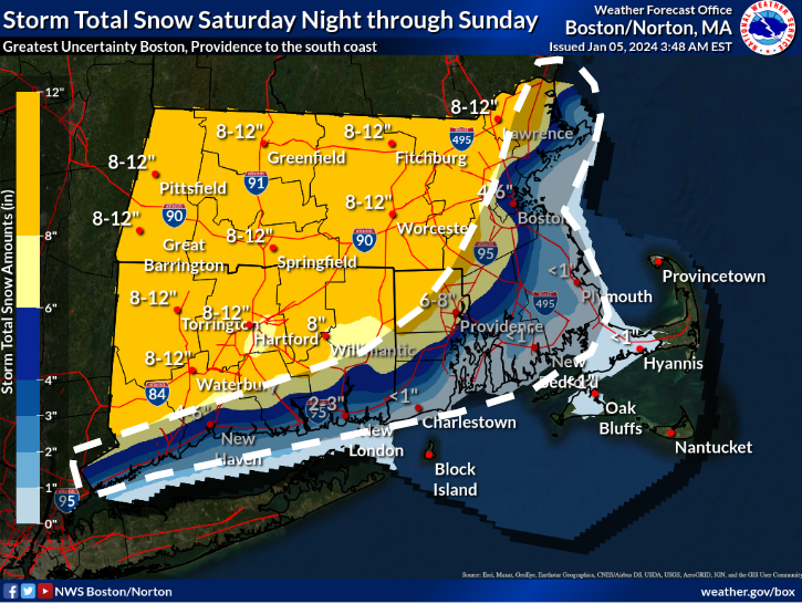NWSBoston's tweet image. [Winter Storm Update] Not much change from previous forecast, with 6-12" of #snow remaining possible for much of MA, RI &amp;amp; CT. Latest trends suggest heavy snow may also fall in #Boston to #Providence corridor &amp;amp; possibly southeast MA.  Greatest forecast uncertainty in dashed area.