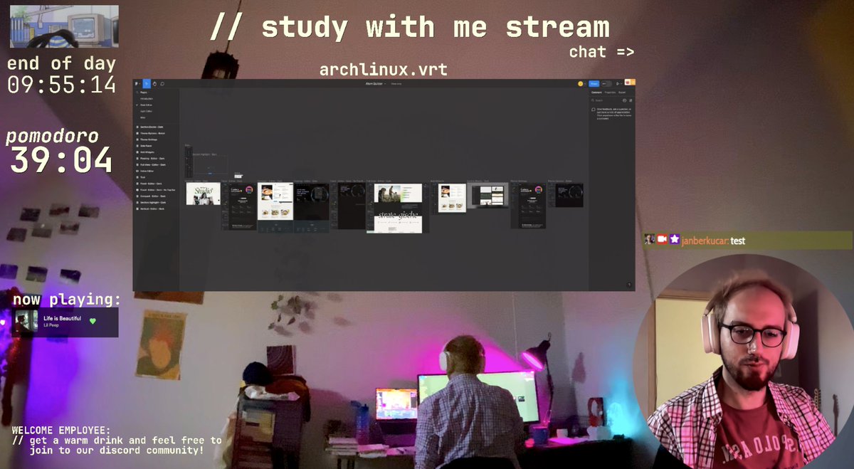 New layout
Regularity needed.
12 Hours Study With Me, Yayindayim twitch.tv/janberkucar  

Benimle calisabilir, gelip sadece muzik dahi dinleyebilirsiniz.  

#streaming #coding #streamer #StreamingNow #streamersupport #twitchtvch