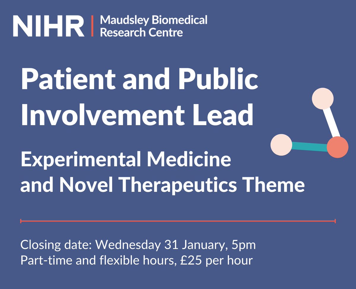 Are you passionate about #PPI and have experience of working in mental health (clinical or research)? We're hiring a PPI Lead to develop a strategy for our Experimental Medicine and Novel Therapeutics Theme. 👉Apply by Wed 31 Jan: maudsleybrc.nihr.ac.uk/about-us/job-o…