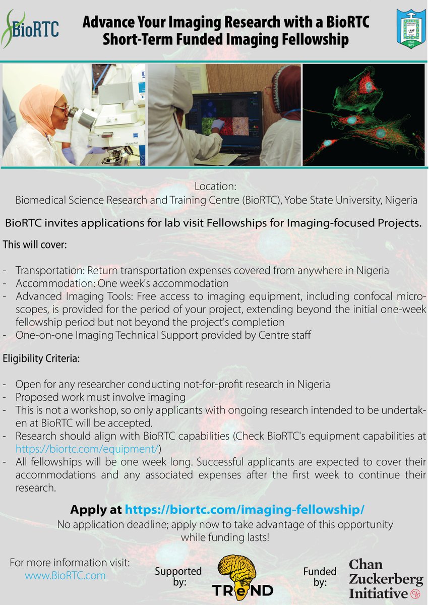 Calling researchers in #Nigeria! Apply 4 #BioRTCImagingFellowship & take your research to the next level. Provides access to cutting-edge equipment & expert support. No deadline, but spots are limited! Apply: biortc.com/imaging-fellow…. Funded by @ChanZuckerberg. #ImagingTheFuture