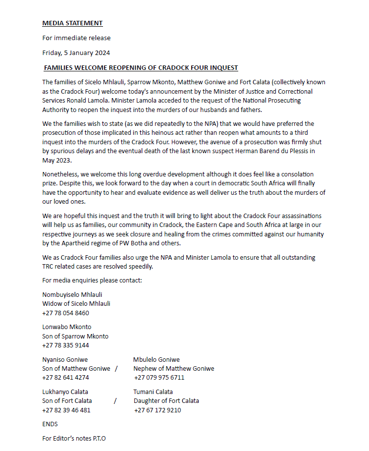 Please see statement from Cradock Four families on the decision by Justice Minister Ronald Lamola to reopen the inquest into the murders of Fort Calata, Matthew Goniwe, Sparrow Mkonto and Sicelo Mhlauli.