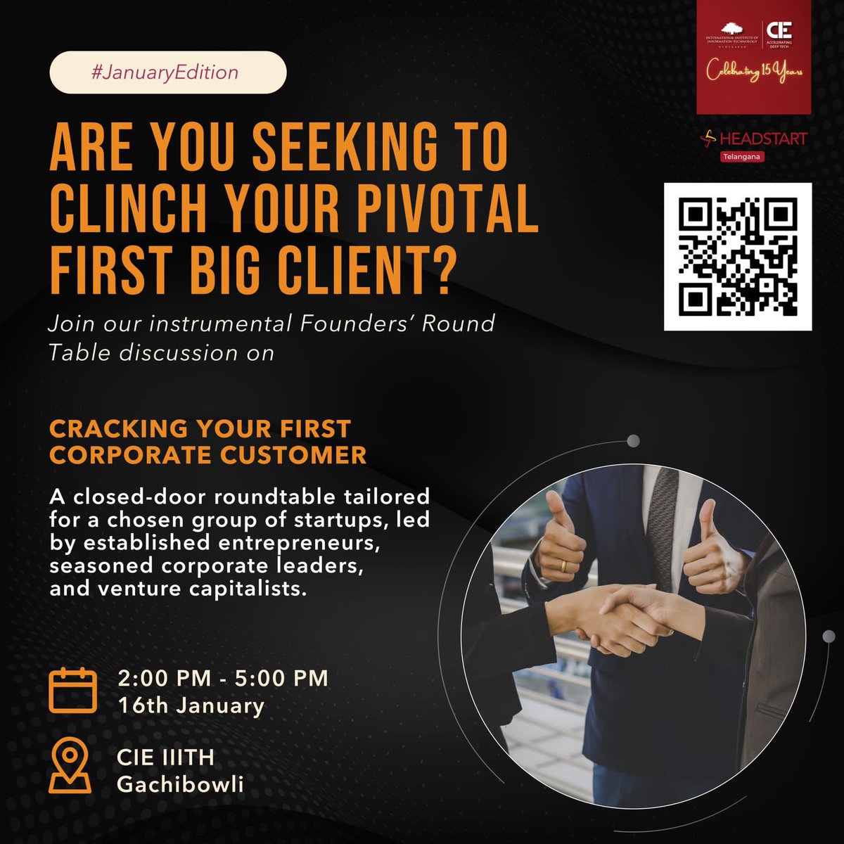 cieatiiithyd's tweet image. Join us at the Founders Round Table Discussion: &quot;Cracking Your First Corporate Customer&quot;! 🌐

16th Jan 2024 | CIE IIITH

#FoundersRoundTable #CorporateCustomerSuccess #StartupRoundTable #StartupJourney #Entrepreneurship #Networking #CIEIIITHyd #StartupJourney #BusinessInnovation
