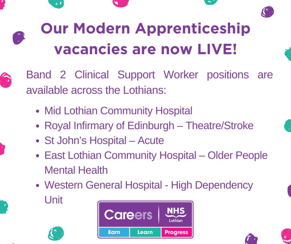 Our #ModernApprenticeship vacancy is now LIVE! We have a variety of Clinical Support Worker posts available throughout Lothian.  If you or someone you know is 16-24 and looking to jump into the Healthcare field, now is best time! For more info & to apply: apply.jobs.scot.nhs.uk/Job/JobDetail?…