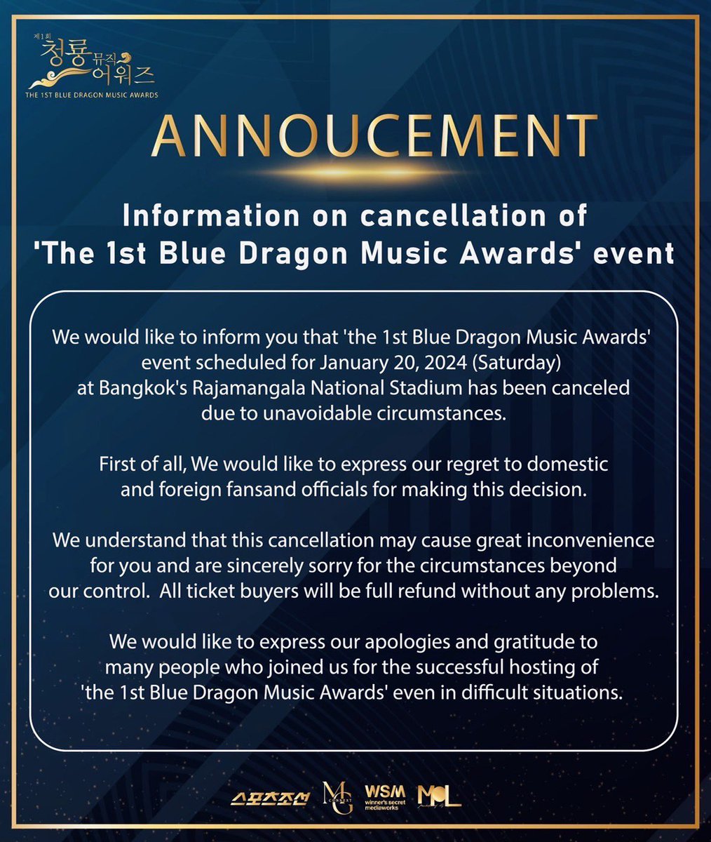 <ประกาศยกเลิกการจัดงาน 'The 1st Blue Dragon Music Awards' event> <Information on cancellation of 'The 1st Blue Dragon Music Awards' event> #The1stBlueDragonMusicAwardsinBangkok #The1stBDMA #MGCONNEXT #SportsChosun