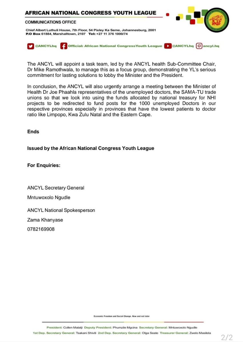 The ANCYL led by President <a href="/Collen_Malatji3/">Thlologelo Collen Malatji</a> and Secretary General <a href="/Mntuwoxolo/">Mntuwoxolo Ngudle</a> after receiving numerous calls from the #UnemployedDoctor2024 come up with the following program of action to make sure that the current unemployed Doctors and Dentist are employed as soon as February.