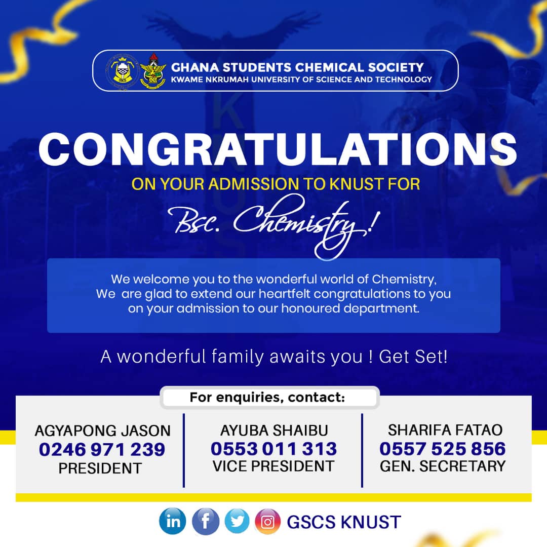 We congratulate 🤝you on your admission to KNUST and to the best 🤩department in the College of Science🧪 where young Chemists are bred🧑‍🔬👨🏻‍🔬.
#Chemistry..... RecreatingtheWorld🌎*
