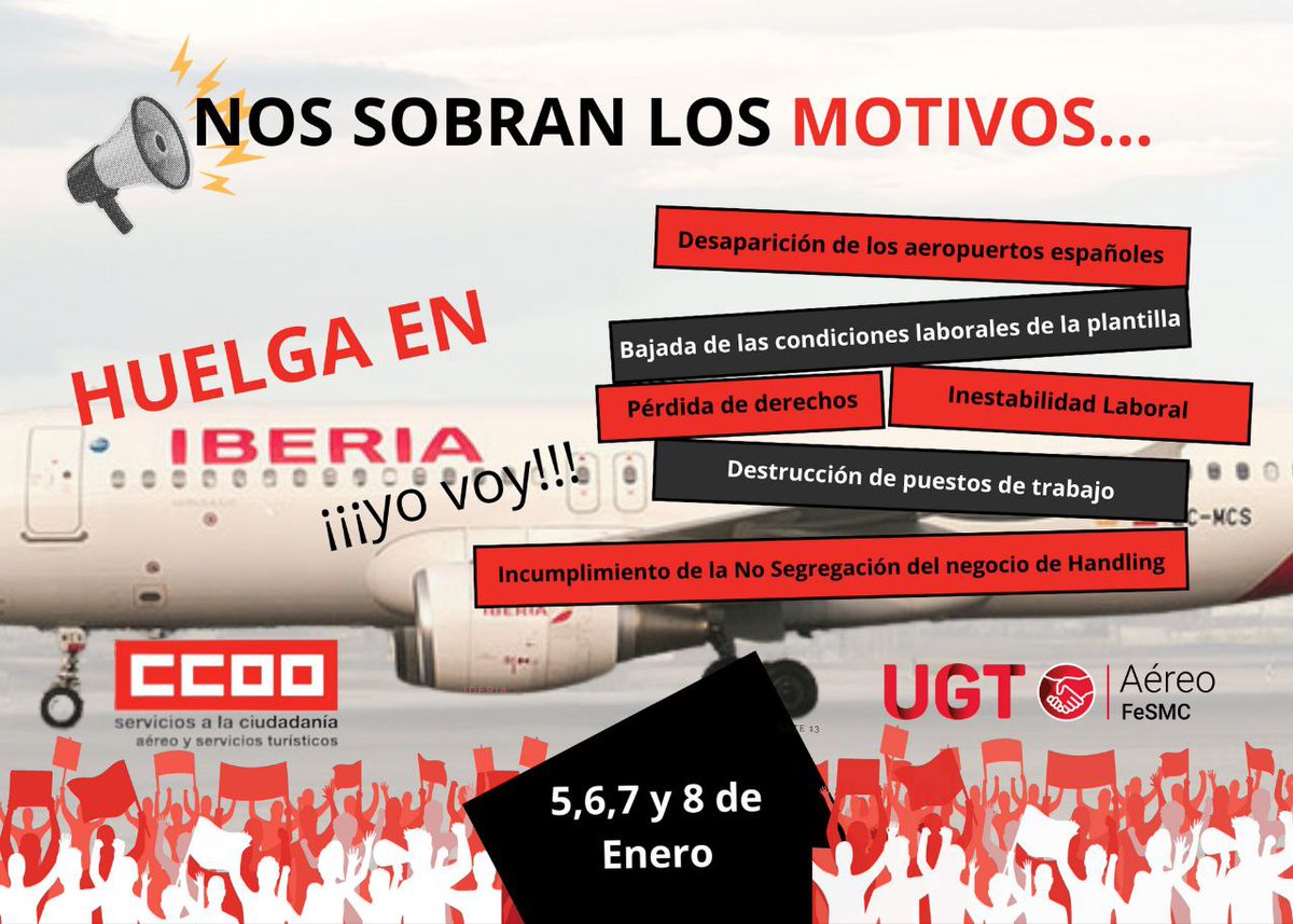 fscccoopv's tweet image. 🔊¡Comienza la #Huelga en #Iberia!
A la plantilla le sobran los motivos:
❗️Bajada de las condiciones laborales
❗️Pérdida de derechos
❗️Incumplimiento de la No Segregación del negocio del #Handling