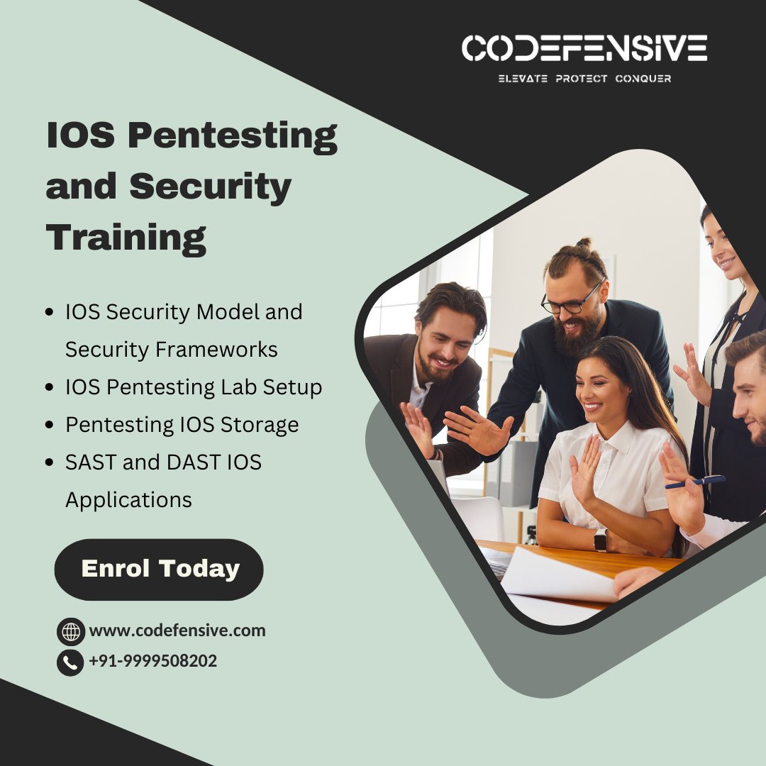 IOS Pentesting and Security Training!!
Our training goes beyond the basics, delving deep into the intricacies of iOS security architecture, vulnerabilities, and cutting-edge pentesting techniques. 

#codefensive #itsecurity #cybersecuritytraining #itsecuritysolutions