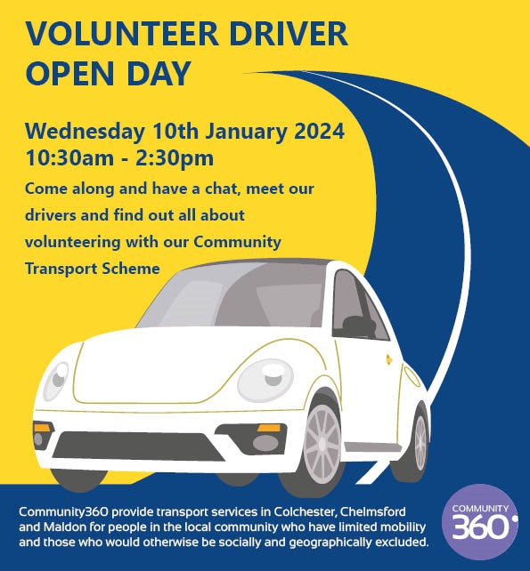 We are hosting a Volunteer Open Day at the One Colchester Hub on Wednesday 10th January, 10:30am - 2:30pm, where public interested in volunteering can meet other volunteer drivers. The address: 4-6 Long Wyre Street. Colchester CO1 1LH. Read more here community360.org.uk/blog/urgent-ap…