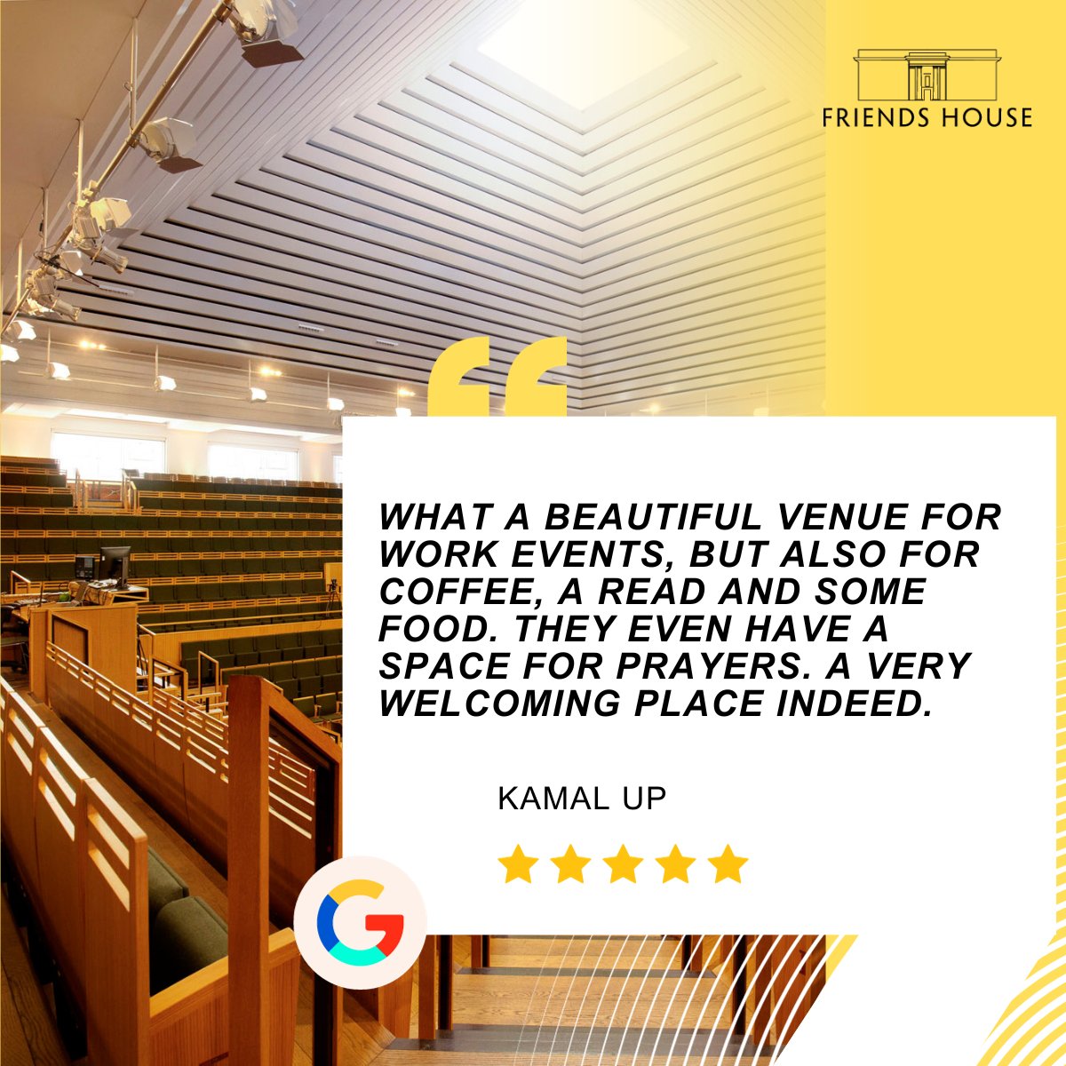 It's time for our first #FeedbackFriday of the year: 🗨️ 'What a beautiful venue for work events [...] They even have a space for prayers. A very welcoming place indeed.'✨ Experience Friends House this year: bit.ly/FHbookingenqui… #CustomerExperience #EventprofsUK