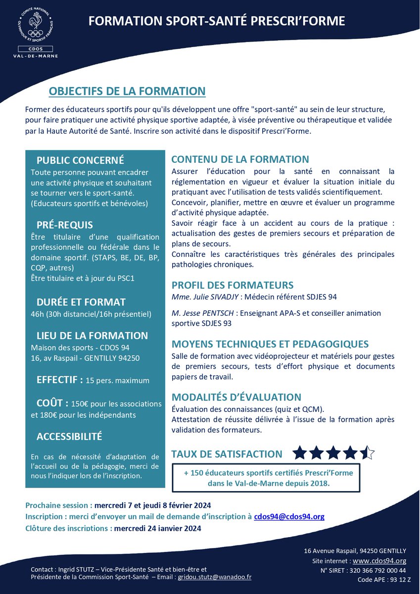 cdos94's tweet image. 📣RAPPEL ! Formation Sport Santé Prescri'Forme duCDOS 94 ! 👩‍⚕️

🗓️ 7-8 Fév 2024 | 
📍Maison des sports, GENTILLY 94250 💰 €150 (Associations) | €180 (Indépendants)
📧 Inscriptions avant le 24 Janv 2024 : 𝐜𝐝𝐨𝐬𝟗𝟒@𝐜𝐝𝐨𝐬𝟗𝟒.𝐨𝐫𝐠
Infos &amp;amp; Programme ⬇️
#FormationSportSanté