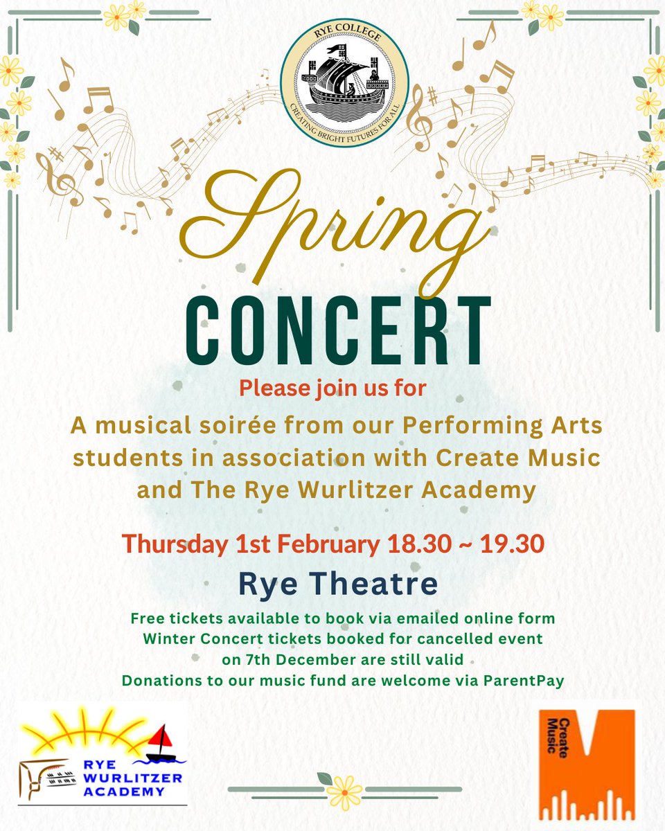 🎙We are delighted to share details of our rescheduled Winter, now Spring Concert. 💐 Tickets and consents from the postponed event still stand. Our students are looking forward to showcasing what they have been working on. @createmusicUK
