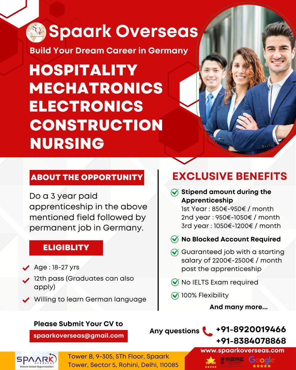 spaarkoverseas's tweet image. Elevate your career with the Germany Ausbildung Program! Join us on this transformative journey where learning meets real-world experience. 

For more info
+91-8920019466, 8384078868
spaarkoverseas.com

#AusbildungProgram #CareerInGermany #ProfessionalGrowth #SkillsTraining