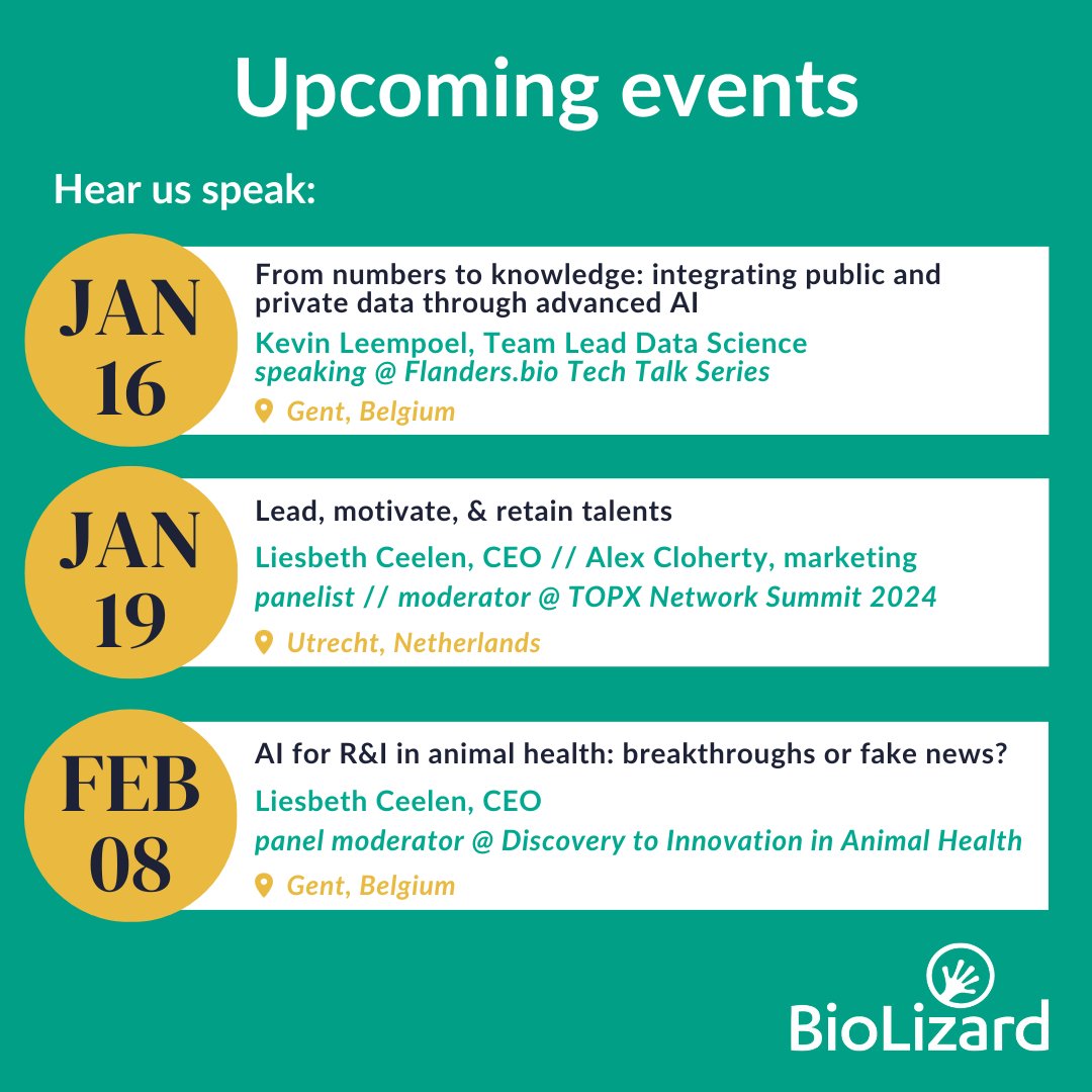We're kicking off 2024 with presence at several exciting upcoming events!

1️⃣ <a href="/flandersbio/">flanders.bio</a> Tech Talk: eu1.hubs.ly/H06RG6D0

2️⃣ <a href="/TOPXNetwork/">TOPX Network</a> Summit: eu1.hubs.ly/H06RG7B0

2️⃣ Discovery to #Innovation in #AnimalHealth: eu1.hubs.ly/H06RG6F0

See you there! 👋
#AI #biotech