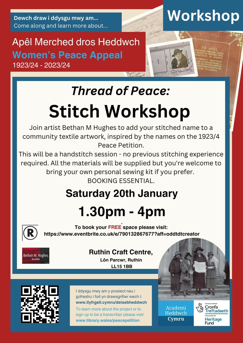 Thread of Peace: stitch workshop Saturday 20th January 1.30-4.00pm Book here: eventbrite.co.uk/e/thread-of-pe… @AcademiHeddwch